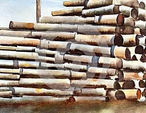 Watercolor of stack of iron pipes on a construction site