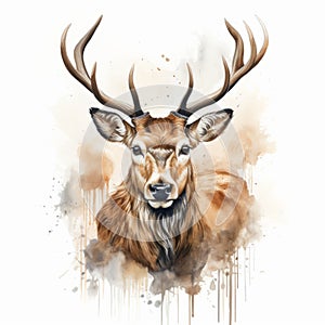 Watercolor Stag Illustration In Uhd: Red Deer Head By Izdinov