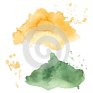 Watercolor stain yellow and green, background, ink, gold and grass texture