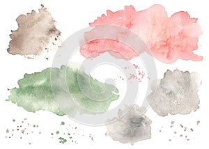 Watercolor stains, splashes in green, red and gray, backgrounds