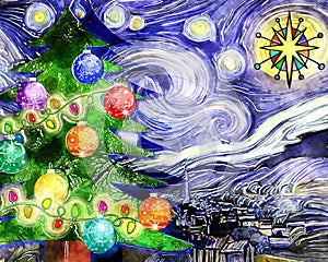 Watercolor Starry Night Christmas Tree