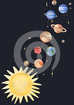 Watercolor stars, planet, moon, space illustration. Planets of the Solar System poster set. Sun, Mercury, Venus and Earth, Mars