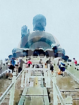 Watercolor Statue of Big Giant Buddha, Tian Tan Buddha of Po Lin Monastery at Lantau Island Hong Kong, Old historical monument