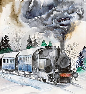 Watercolor steam engine on the snowy railroad