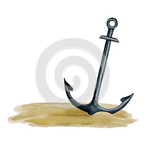 Watercolor steel anchor in the sand of sea bottom illustration. Simple nautical shipwreck hand drawn clipart