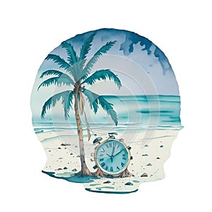 A watercolor sticker of a clock sitting on a beach with a palm tree in the background. AI-Generated.