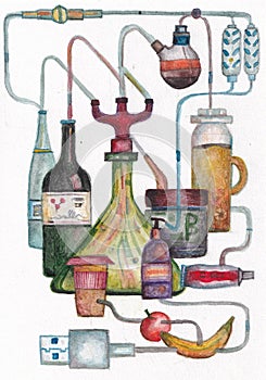 Watercolor still life with dishes and household items. A metaphorical card for associative work with a psychologist.