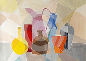 Watercolor still life with jugs, jars and glasses