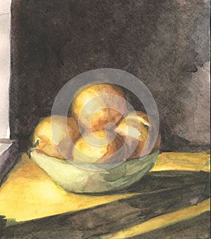 Watercolor still Life with peaches in the green bowl