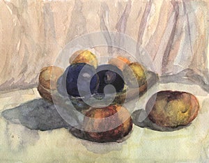 Watercolor still Life with peaches and plums