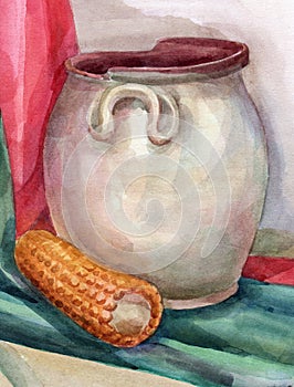 Watercolor still life of pot and corn.