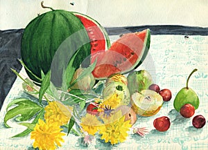 Watercolor still life with ripe watermelon, fruits and yellow flowers
