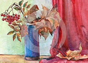 Watercolor still life of vase and branch maple with berries.