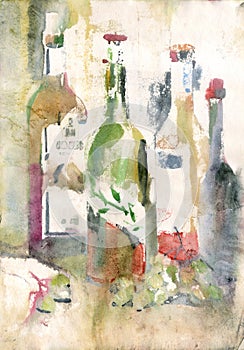 Watercolor still life with wine bottles