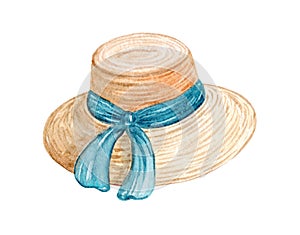 Watercolor straw summer hat isolated on white background