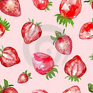 Watercolor strawberry seamless pattern, on pink background. Hand painted red berries repeat botanical print