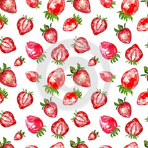 Watercolor strawberry seamless pattern, isolated on white background. Hand painted red berries repeat botanical print