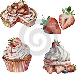 Watercolor strawberry set of different pastry treats and strawberries on top, isolated on white background.