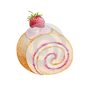 Watercolor strawberry swiss roll cake. Valentines day concept