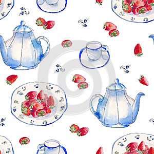 Watercolor strawberrys vintage plates and teapot pattern