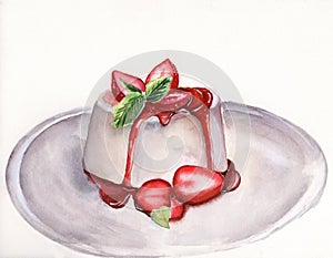 Watercolor strawbery pana cotta dessert