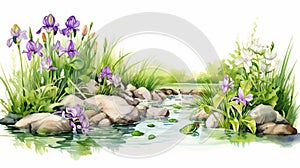 Watercolor Stream With Iris Flowers: Storybook Illustration By Svetlin Velinov