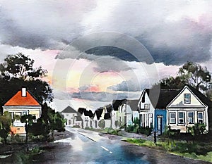 Watercolor of Street in the town with storm cloud in the background