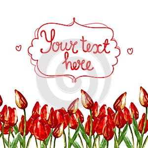 WATERCOLOR strip seamless border WITH PAINTED RED TULIPS