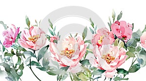 Watercolor stripe composition of pink peonies on white background