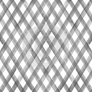 Watercolor stripe diagonal plaid seamless pattern. Black grey stripes on white background