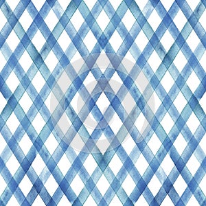 Watercolor stripe diagonal plaid seamless pattern.Blue stripes on white background