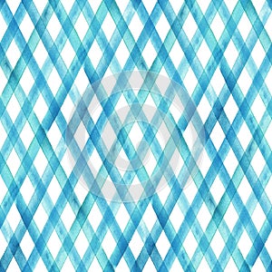 Watercolor stripe diagonal plaid seamless pattern. Blue teal stripes on white background