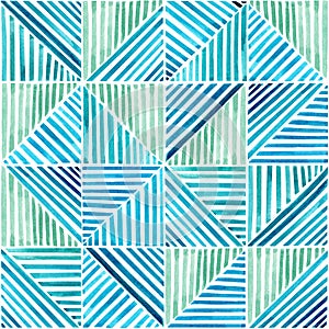 Watercolor striped print in blue colors. Abstract brush strokes line grid seamless pattern