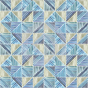 Watercolor striped print in blue colors. Abstract brush strokes line grid seamless pattern
