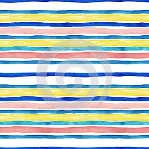 Watercolor striped seamless pattern with blue, turquoise, yellow and pastel pink stripes on white background