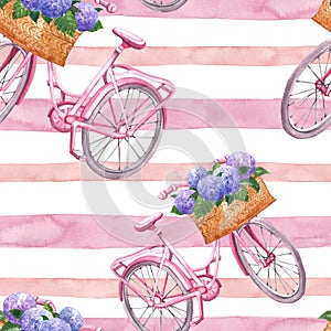 Watercolor striped seamless pattern with pink retro bicycle and pink stripes on white background. Summer floral print