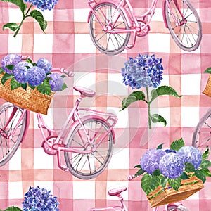 Watercolor striped seamless pattern with pink retro bicycle and pink stripes on white background. Summer vintage style print