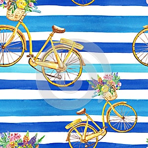 Watercolor striped seamless pattern with yellow bicycle and blue stripes on white background. Summer print