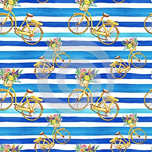 Watercolor striped seamless pattern with yellow bicycle and blue stripes on white background. Summer print