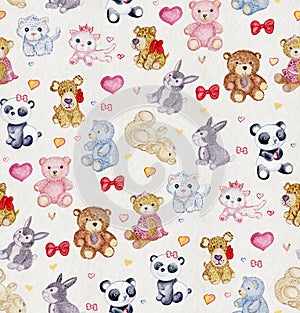 Watercolor stuffed animals pattern. Watercolor paper texture on the background. Valentines day photo