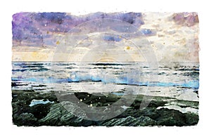 Watercolor style and abstract illustration of beach and sea at sunset colors
