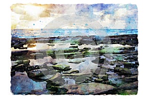 Watercolor style and abstract illustration of beach and sea at sunset colors