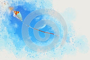 watercolor style abstract illustration of colorful kite flying in the blue sky.