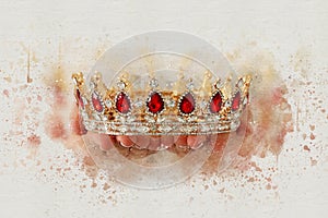 watercolor style abstract illustration of lady holding gold crown. fantasy medieval period.