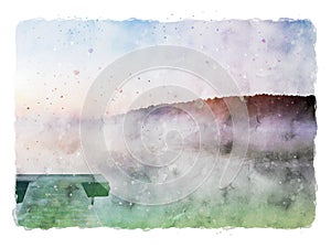 Watercolor style and abstract illustration of pier and sea