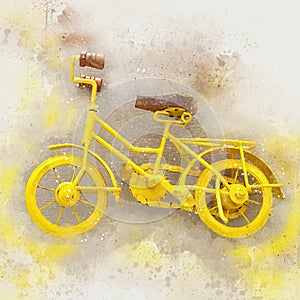 Watercolor style and abstract illustration of retro yellow bicycle.