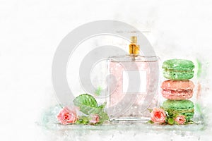 watercolor style and abstract illustration of vintage perfume bottle and french macaroon cookie.