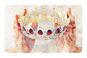 Watercolor style and abstract image of beautiful queen/king crown. fantasy medieval period