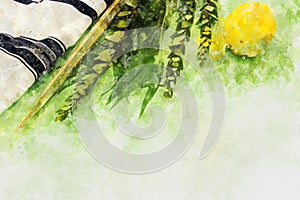 Watercolor style and abstract image of Jewish festival of Sukkot. Traditional symbols The four species: Etrog, lulav, hadas, ara