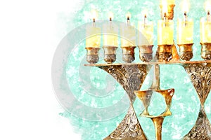 watercolor style and abstract image of jewish holiday Hanukkah with menorah & x28;traditional candelabra